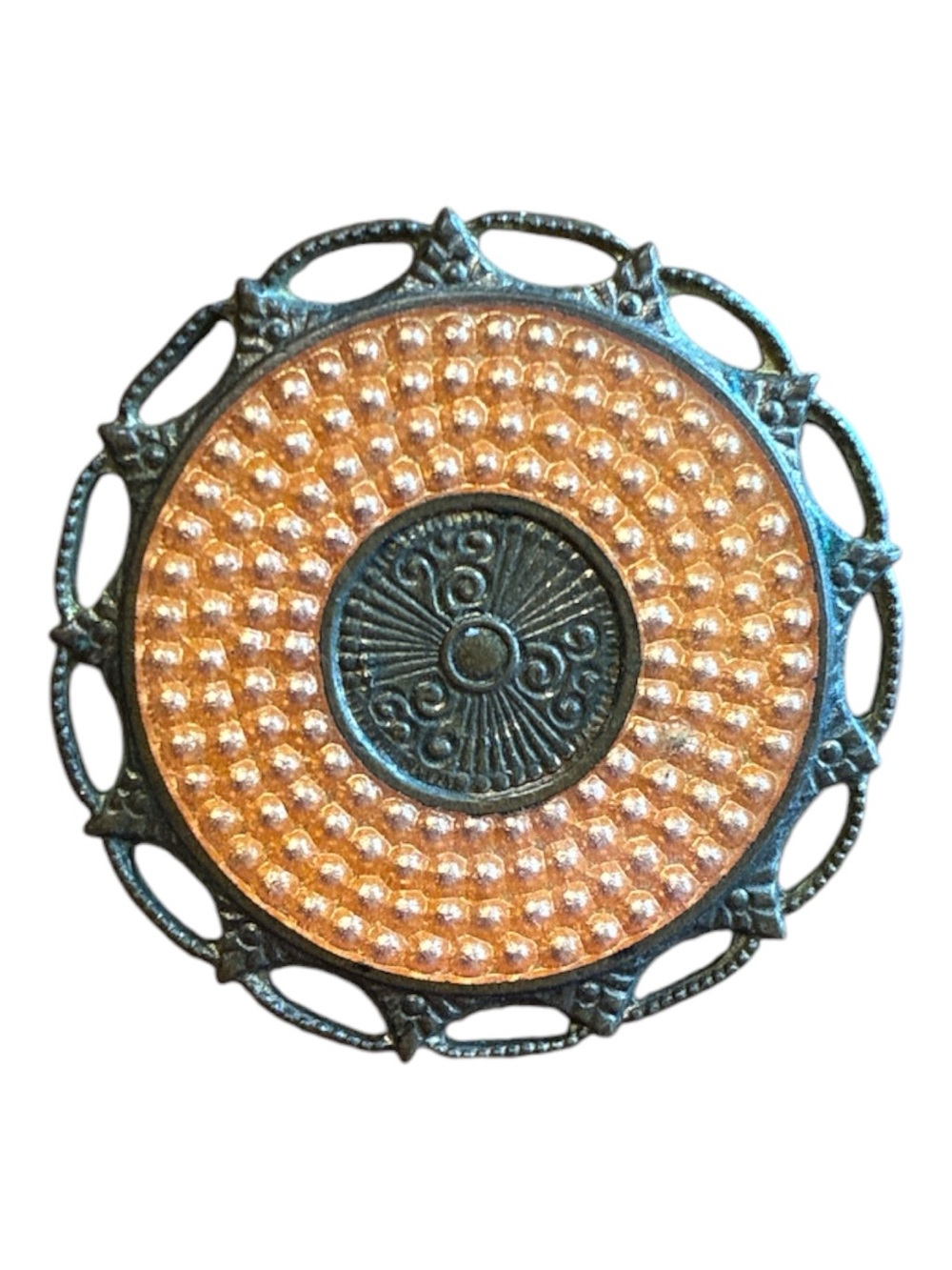 Antique Orange Guilloche Circle Brooch